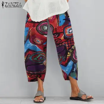 Plus Dimensiune Bumbac de Vară Largi Picior Pantaloni ZANZEA Femei Florale Imprimate Pantaloni Vintage Talie Elastic Boem Pantalon Harem Nap