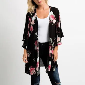 Plus Dimensiune Cardigan Pentru Femei De Moda Șal Sifon Print Floral Kimono Cardigan Top Cover Up Bluza Beachwear Vrac Doamna Topuri Negre