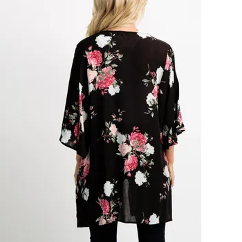 Plus Dimensiune Cardigan Pentru Femei De Moda Șal Sifon Print Floral Kimono Cardigan Top Cover Up Bluza Beachwear Vrac Doamna Topuri Negre