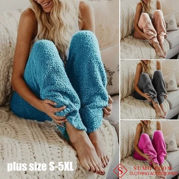 Plus Dimensiune Femei Iarna Pluș Pantaloni Casual Confortabile Pantaloni de Pijama de Culoare Solidă Talie Elastic Plus Dimensiune Lounge Pantaloni Largi Picior S-5XL