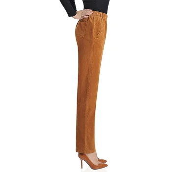 Plus dimensiune L-5XL Catifea Pantaloni Drepte Pentru Femei, Casual, cu talie Elastica Mama vintage solid Pantaloni de bază Pantaloni largi pentru Femei