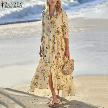 Plus Size Floral Elegant Rochie Camasa Femei Primavara Sundress ZANZEA Casual cu Maneci Lungi Imprimate Maxi Vestidos de sex Feminin Rever Halat