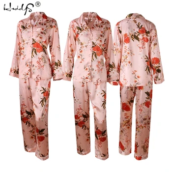 Polka Dot Imprimare Pijama Set 2019 Primăvară Pijama de Matase cu Maneca Lunga Seturi de Pijamale Cu Pantaloni pentru Femei din Satin de Imprimare Uzura Acasă Feminino