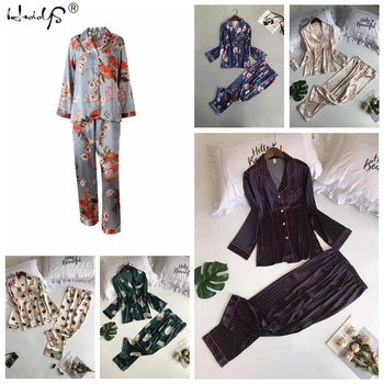 Polka Dot Imprimare Pijama Set 2019 Primăvară Pijama de Matase cu Maneca Lunga Seturi de Pijamale Cu Pantaloni pentru Femei din Satin de Imprimare Uzura Acasă Feminino