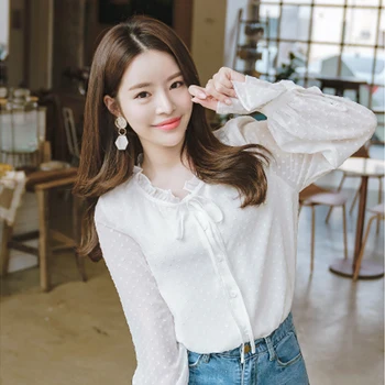 Polka Dot Sifon Tricouri Femei Stil Coreean Blusas Stand Guler Toamna Anului Nou De Sex Feminin Dulce Tricouri Maneca Lunga Pentru Femei Bluza 10418