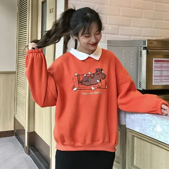 Polo Guler Pulover Harajuku Femei Hoodie Cadou de Craciun Desene animate Imprimate Gros Cald Vrac Fata Dulce Tricoul coreean Iarna