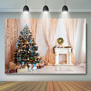 Pomul De Crăciun Semineu Fundal Pentru Fotografia De Lemn Roz Cortina De Stele Twinkle Fondul Pentru Photo Booth Scene Backgroun