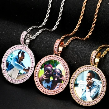 Populare Rotund Medalie Foto Personalizate Pandantiv Colier Pentru Bărbați Bijuterii Hip Hop Personalizate Cu Numele Gravat Bijuterii Pandantiv Placat Cu Lanț