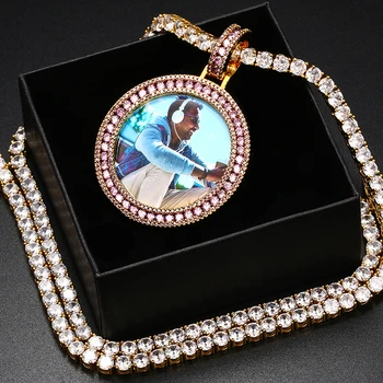 Populare Rotund Medalie Foto Personalizate Pandantiv Colier Pentru Bărbați Bijuterii Hip Hop Personalizate Cu Numele Gravat Bijuterii Pandantiv Placat Cu Lanț