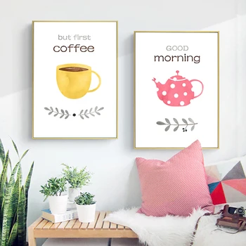 Prima Cafea Scrisori de Printuri si Postere Bună Dimineața Ceainic Canvas Wall Art Poza Tablou pentru Bucatarie Camera de zi de Decorare