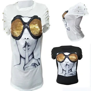 Primavara Noua Moda Casual cu Paiete Ochelari Imprimată cu Margele Slim T-shirt Doamnelor O-neck Top, Plus Dimensiunea Moda Haine de Bază