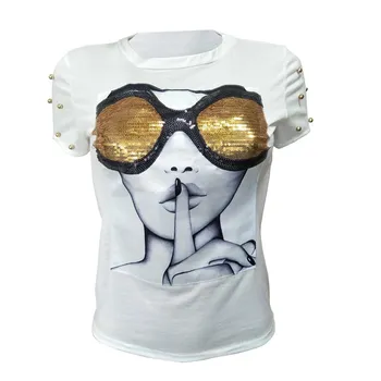Primavara Noua Moda Casual cu Paiete Ochelari Imprimată cu Margele Slim T-shirt Doamnelor O-neck Top, Plus Dimensiunea Moda Haine de Bază