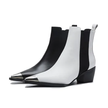 Primavara/Toamna Design Clasic Alb-Negru din Piele Subliniat de la Picior toc Pătrat Chelsea Cizme Confort Bloc Toc Pantofi pentru Femei