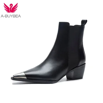 Primavara/Toamna Design Clasic Alb-Negru din Piele Subliniat de la Picior toc Pătrat Chelsea Cizme Confort Bloc Toc Pantofi pentru Femei