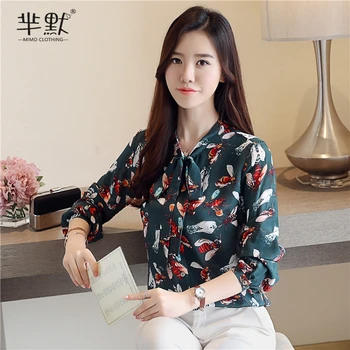 Primavara Toamna Femei Bluza Nou Model Geometric Print Bowknot Tricou Stil coreean Slim cu Maneca Lunga Femei Topuri LL314