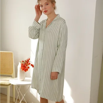 Primavara Toamna Femei de Moda Lung Cămăși de noapte Verde cu Dungi Casual Pijamale Elegante Vrac Rochie de Noapte și de zi