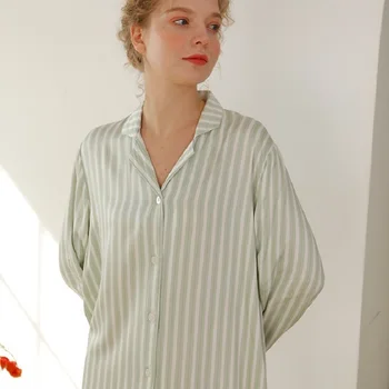 Primavara Toamna Femei de Moda Lung Cămăși de noapte Verde cu Dungi Casual Pijamale Elegante Vrac Rochie de Noapte și de zi