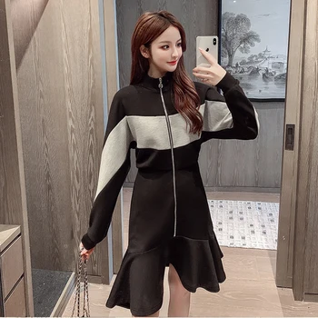 Primavara Toamna Femei Rochie Stil coreean cu Fermoar Cusaturi de Contrast de Culoare coadă de pește Rochie Nou Liber Talie Rochii Scurte LL925