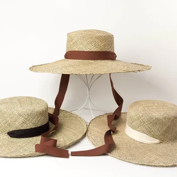 Primavara-vara noi bandaj de mână-tricotate alge marine paie mare refuz de sus plat pălărie de paie călătorie în aer liber protecție solară umbra pe plaja pălărie de paie