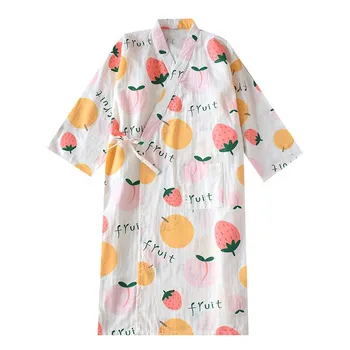 Primavara-Vara Noi Femeile Confort Halate De Tifon De Bumbac Doamnelor Kimono Stil De Desene Animate Drăguț Fructe Tipărite Cămașă De Noapte Moale Liber Homewear