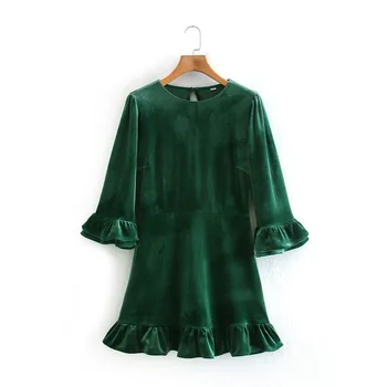 Primavara-vara noi puff maneca zburli catifea verde vintage sexy zaraing stil za 2020 femei sheining vadiming rochie de petrecere XDN9898