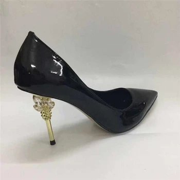 Primavara-Vara Pompe De Femei De Metal Ciudat Toc Pantofi Rochie Ascuțite Degetele De La Picioare Piele Strălucitoare Brevet De Cristal Pantofi Cu Toc Femeie