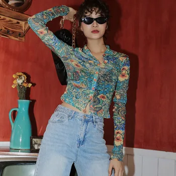 Primăvara 2021 Femei Plasă De Dragon Imprimare Tricou Maneca Lunga De Sus Butonul De Sus Vad Prin Top Designer De Moda De Îmbrăcăminte 13148