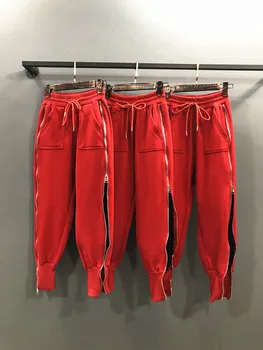 Primăvara Anului 2020 Nou Roșu Pantaloni De Trening Streetwear Feminin Rece Cu Fermoar Lateral Talie Mare Pantaloni Sport Largi De Elevi De Agrement Pantaloni
