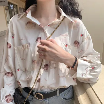 Primăvara Harajuku Înger de Imprimare Femei Tricou Vintage Bluza Eleganta pentru Femei de Vară 2020 Lantern Maneca Haine de sex Feminin Liber BF Tricou