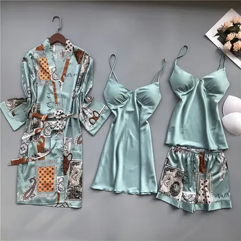Primăvara și Toamna Pijamale Femei Pad Piept Cămașa de noapte de Curea de Mătase Cămașă de noapte 4 Buc Set Bluze cu Maneca Lunga Pijama Mujer Lenjerie Sexy