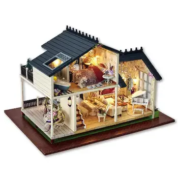 Provence DIY casa de jucărie din lemn de asamblare model de casă de păpuși, cu capac de praf capacitatea de formare puzzle din lemn model de jucărie ornamente