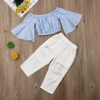 Pudcoco 2019 Copil Copii Copii Fete Topuri cu Dungi T-shirt Gaura Pantaloni Jambiere Costume de Haine de Vara Set De 1-6 Ani