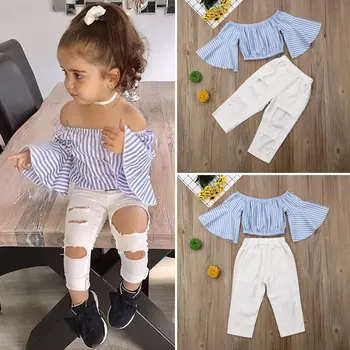 Pudcoco 2019 Copil Copii Copii Fete Topuri cu Dungi T-shirt Gaura Pantaloni Jambiere Costume de Haine de Vara Set De 1-6 Ani