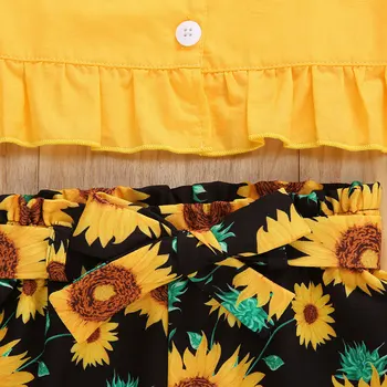 Pudcoco Copilul Fetita Haine de Vară fără Mâneci în formă de U-Neck Ruffle Tank Topuri de Floarea-soarelui Print pantaloni Scurți cu Curea 2 buc Utilaje