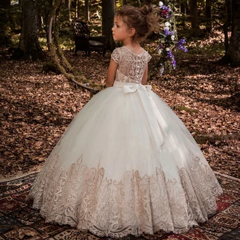 Puffy Rochii Fete Cu Flori De Vânzare Fierbinte Straturi De Satin Bow Copii Princess Dress Arc Umăr Copii Prima Împărtășanie Rochii