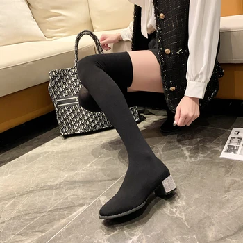 PULOMIES Over-the-Genunchi Cizme Stretch Șosete Cizme Toc Gros Cizme Coapsei Cristal Ciorap Adidași Femeie Cizme pentru Femei Pantofi Casual
