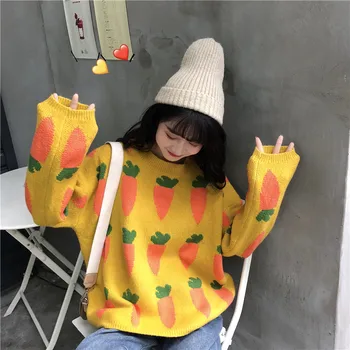 Pulover Drăguț Femei 2020 Iarna Coreeană Stil Kawaii Morcov Model Casual Supradimensionate Maneca Lunga Pulover Tricotate Jumper Topuri T368