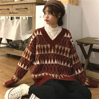 Pulovere Pentru Femei De Vintage Coreea All-Meci Chic V-Neck Femei Pulovere Student Leneș Stil Popular De Iarnă Pentru Femei Pulover Nou