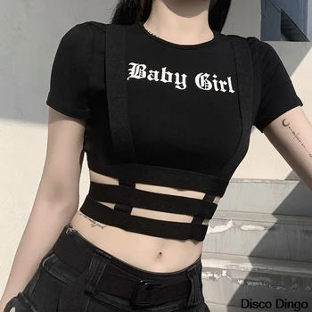 Punk Gol Afară Tricou Negru Harajuku Scrisoare Bodycon Imprimare Short Sleeve Top Femei Sexy Bază A Culturilor Topuri