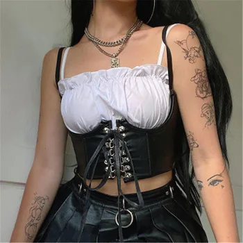 Punk Goth Estetice Corset Negru Top Femei Faux Din Piele Dantela Sus E Fată Haine Fără Mâneci Sexy Întuneric Mediul Academic Culturilor Topuri