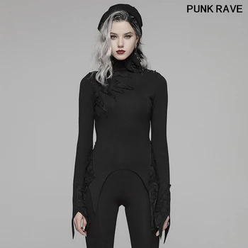 Punk rock Streetwear Personalitatea Femei Topuri Teuri Gotic Clasic Negru cu Maneci Lungi, Guler Mare de dantelă tricou PUNK RAVE WT-574TCF