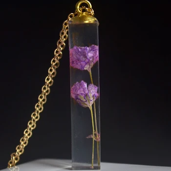 Purple Blossom Babysbreath Real De Flori Transparente Cub De Rășină De Aur De Culoare Lanț Pandantiv Colier Lung Pentru Femei Boho Moda Bijuterii