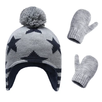 Pălărie De Iarnă Mănuși Set Băiat Earflap Knit Beanie Cu Pompom Lână Cald De Toamnă Stele Schi În Aer Liber Accesoriu Copilul Copil