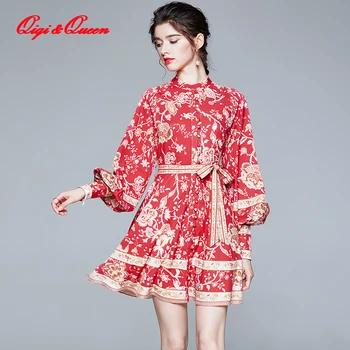 Qiqi&regina Femei Toamna Boeme Rochie de Imprimare Florale Lantern Maneca Retro stil francez Brand Rochii Casual Plaja Vestidos