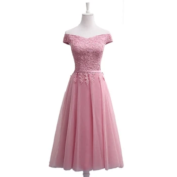 QNZL987D#Pe Umăr Străveziu de culoare roz dantelă rochii de domnisoare de onoare nouă primăvară-vară 2020 scurt Mijloc de lungă petrecere în stil rochie de bal