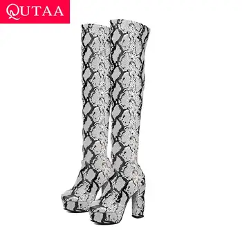 QUTAA 2020 Platforma de Moda din piele de Sarpe Aluneca Pe Femei de Iarnă Pantofi Pătrat cu Toc Rotund Toe Casual Peste Genunchi Cizme Size34-43