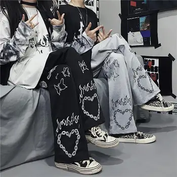 QWEEK Hip Hop Largi Picior Pantaloni Toamna Iarna Moda 2020 Print Pantaloni Femei Casual Stil coreean Streetwear Talie Mare Pantaloni