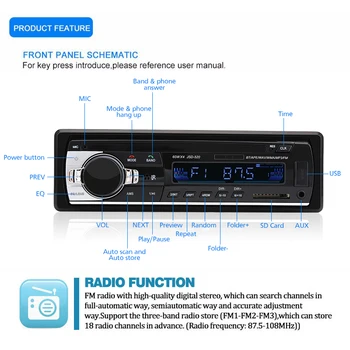 Radio auto bluetooth jsd - 520 In-Dash 1 DIN 12V autoradio tuner Audio Stereo FM MP3 player USB/SD MMC USB încărcător ISO, 12 PINI