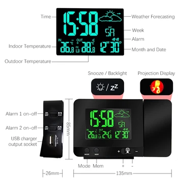 Radio Contraolled Proiecție Stație Meteo Colorate LCD Display USB Prognoza Meteo Wireless cu Senzor de Temperatură Exterioară
