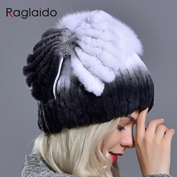 Raglaido de iarna pentru femei pălării de blană cald iepure rex blana naturala gros la modă fete elegante în aer liber tricotate blană pufos pălărie